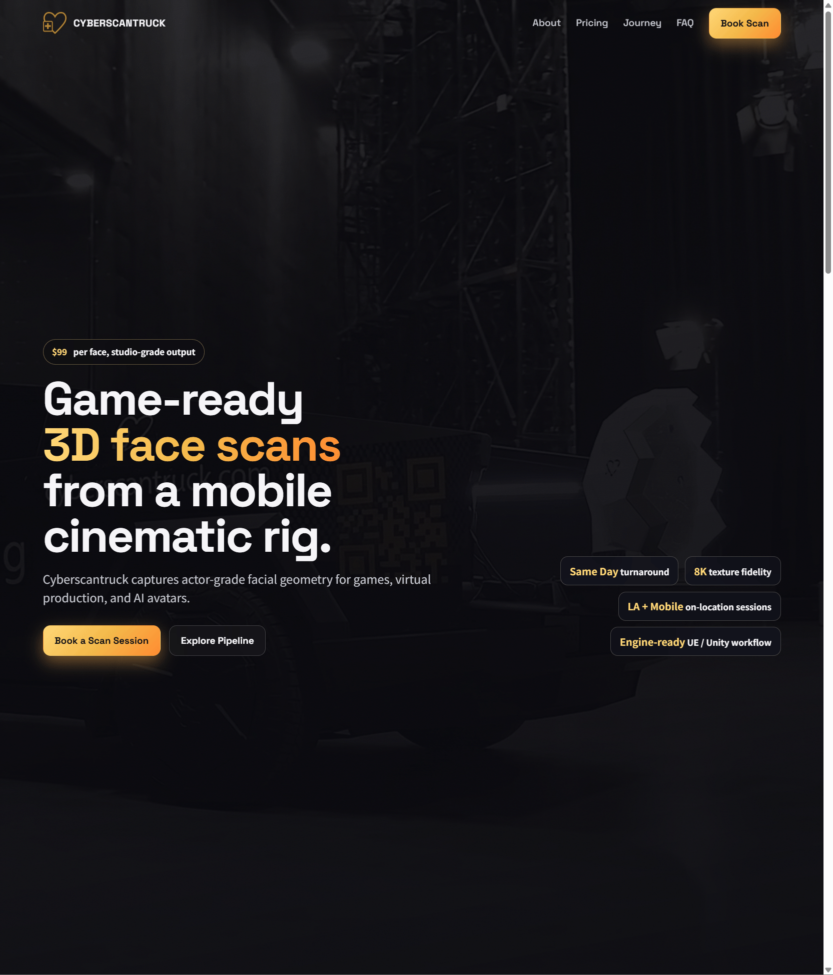 CyberScanTruck homepage showing mobile cinematic facial scanning and game-ready 3D face capture