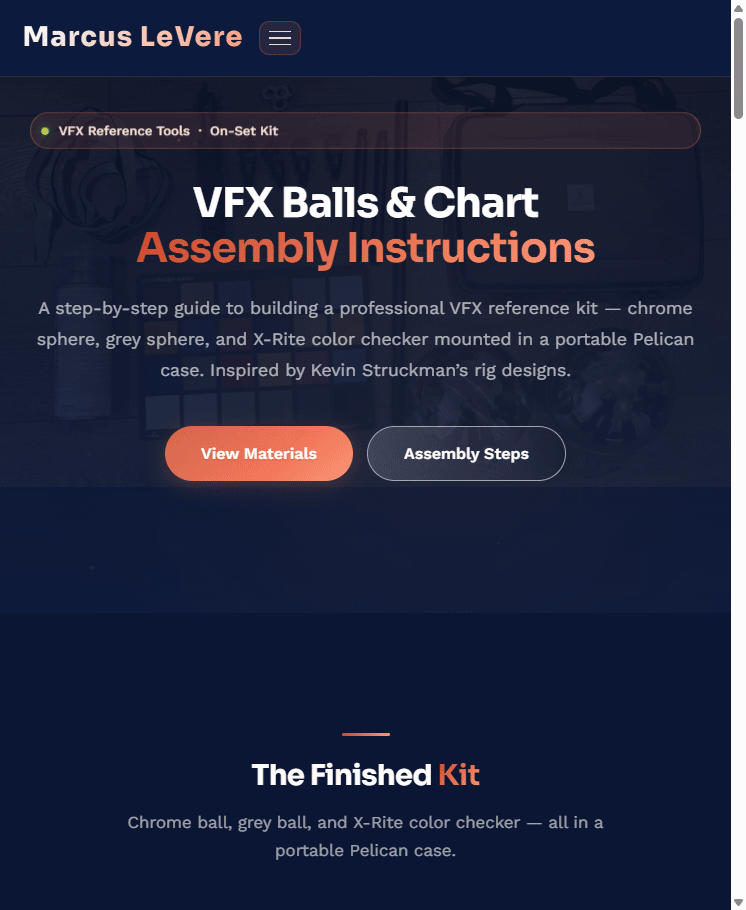 VFX Balls and Chart assembly instructions page showing chrome sphere, grey sphere, and X-Rite color checker kit
