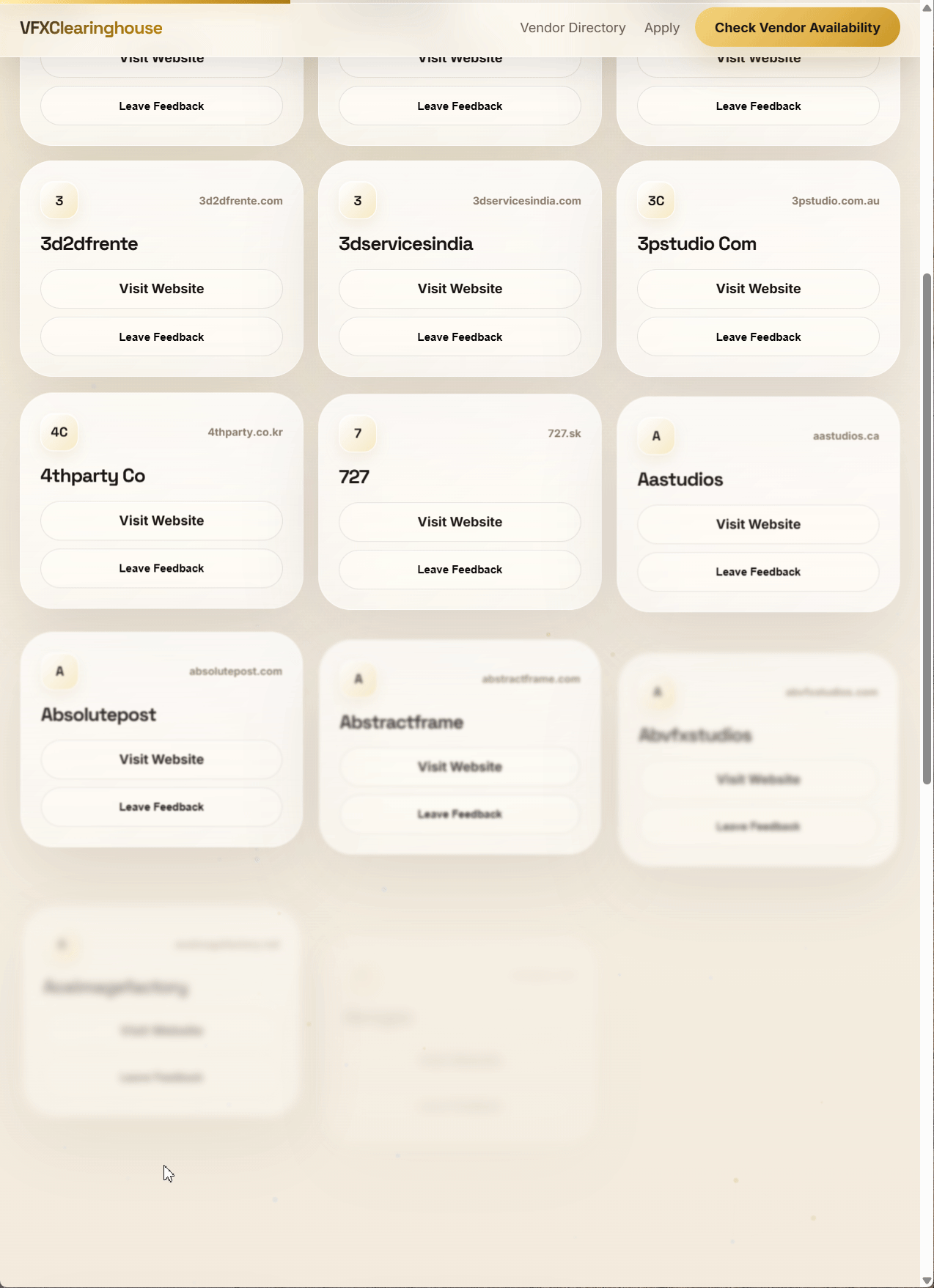 VFX Clearinghouse vendor directory showing searchable VFX studio cards with website and feedback actions