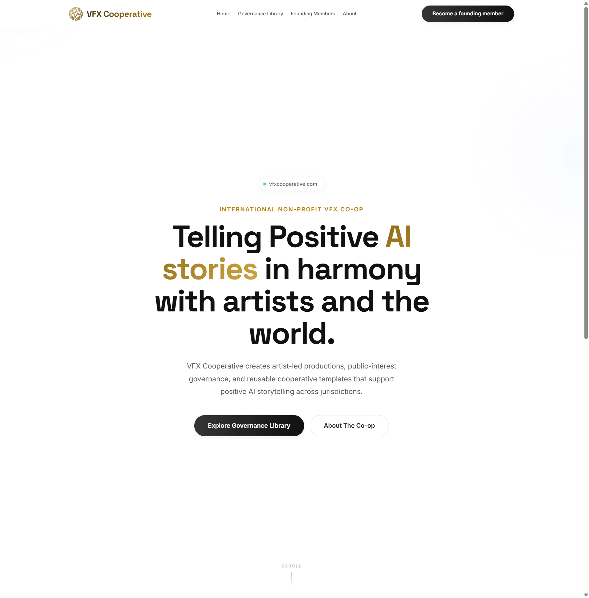 VFX Cooperative homepage showing artist-led cooperative governance for positive AI storytelling