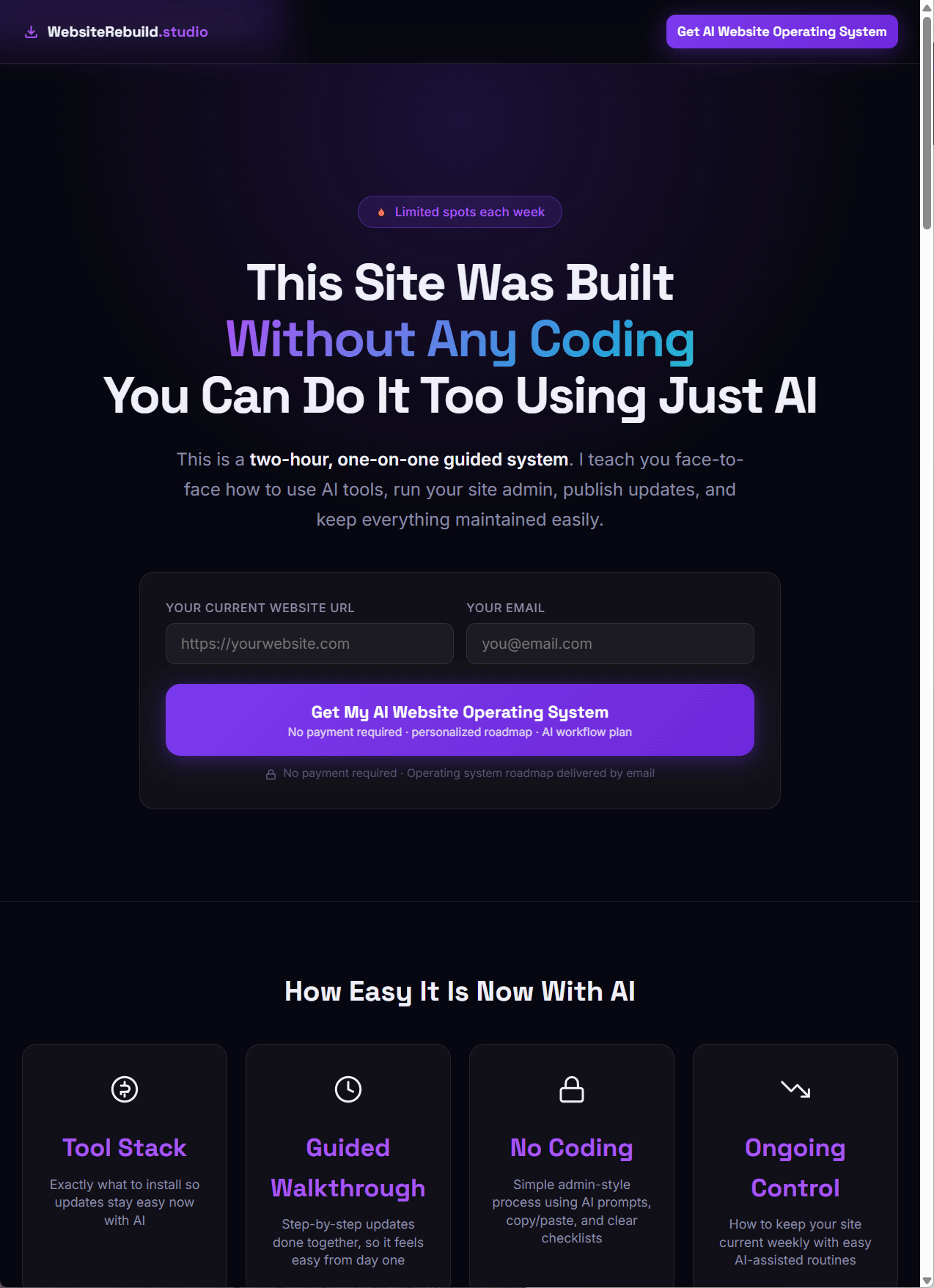 WebsiteRebuild.studio homepage showing an AI-guided no-code website operating system offer