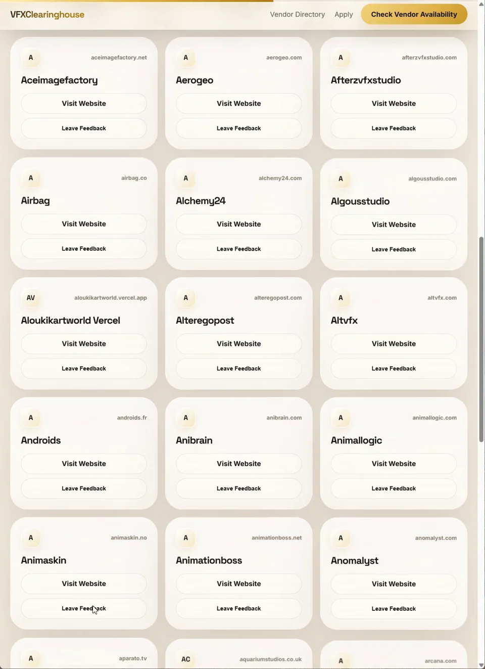 VFX Clearinghouse vendor directory preview